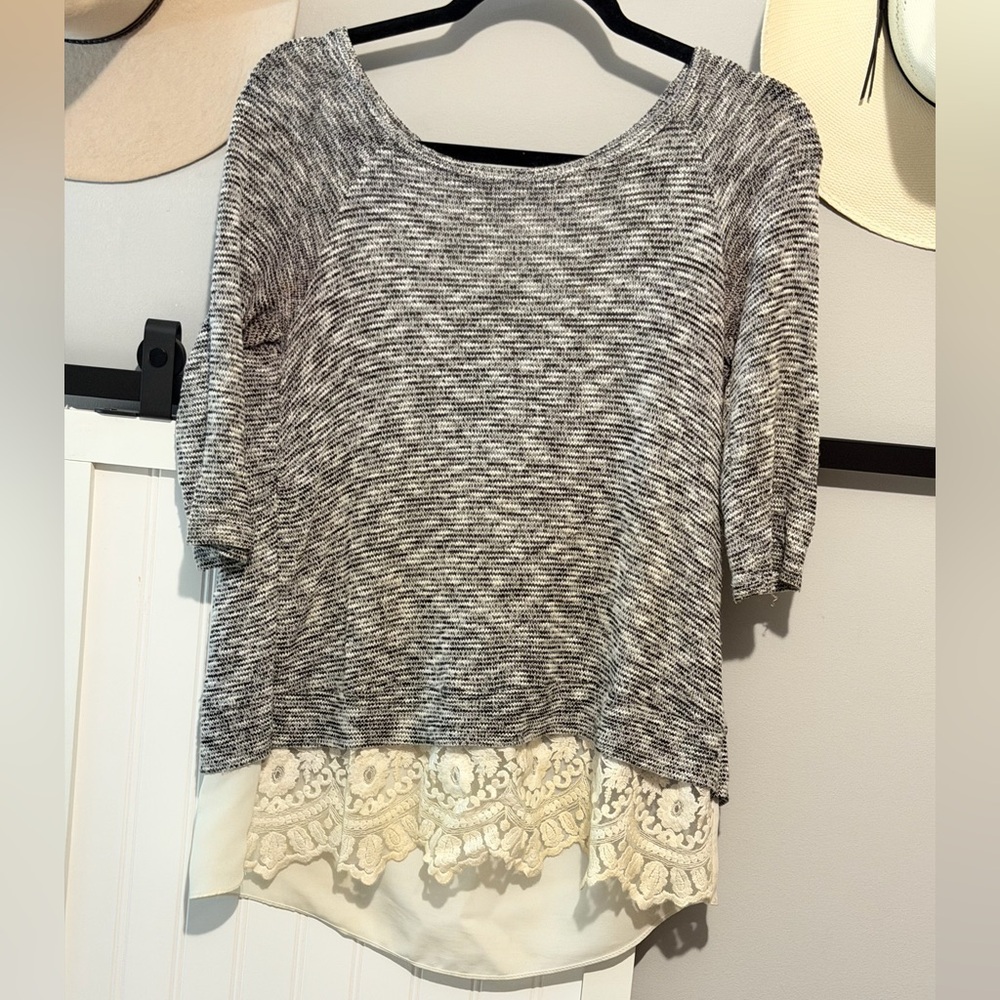 Gray and Cream Women's Top with Lace Hem